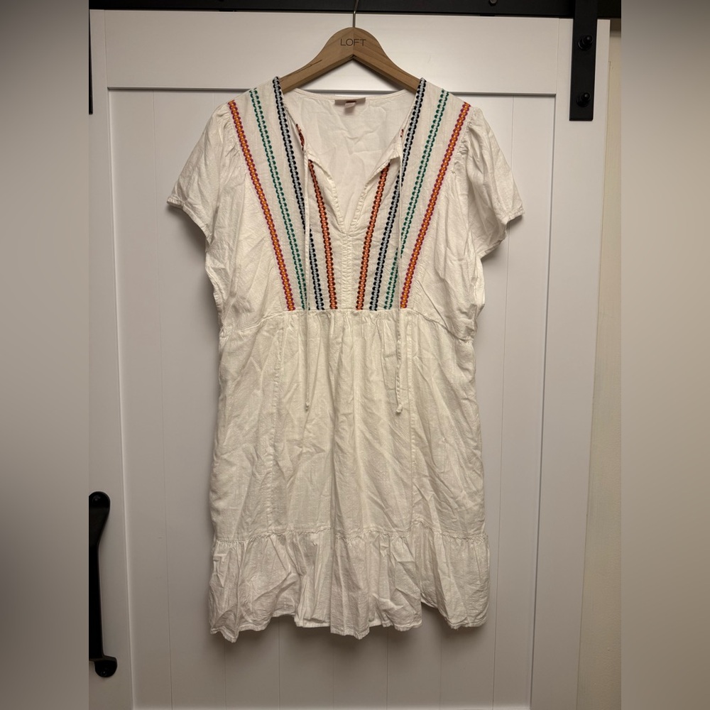Knox Rose White Cotton Dress with Multicolor Embroidered Stripes